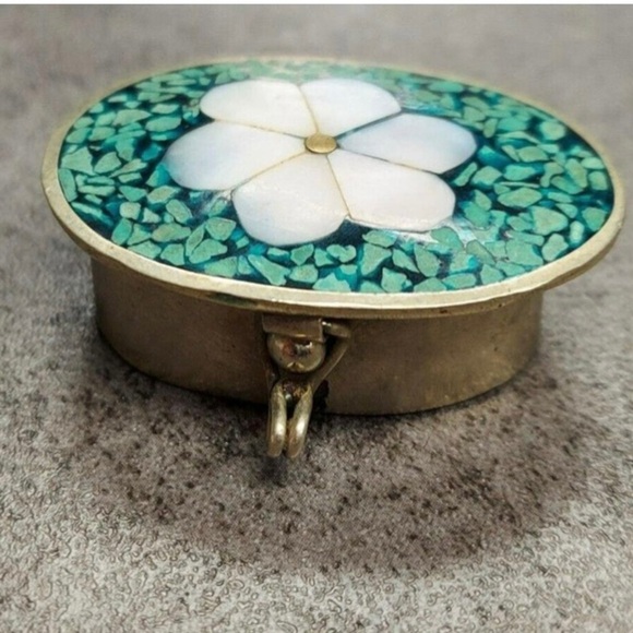 Vintage Silver Hinged Abalone & Turquoise Trinket Pill Box - Picture 1 of 9